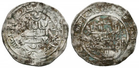 CALIFATO DE CORDOBA. Al-Hakam II. Dirham. (Ar. 1,80g/22mm). 356H. Madinat al-Zahra. (Vives 455). Con Abd al-Rahman en IIA. MBC+.