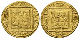 ALMOHADES. Abd Al-Mu'min bin Alí. 1/2 Dinar. (Au. 2,26g/20mm). 524-558H. Madinat Miknasa (Mequínez), la ceca partida en anverso y reverso. (Vives 2053...