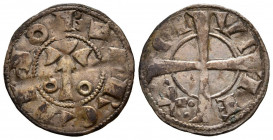 ALFONSO II (1164-1196). Dinero (Ve. 0,92g/20mm). S/D. Barcelona. (Cru. V.S. 296). Anv: Cruz sobre palo entre anillos, alrededor leyenda: BARQINO. Rev:...