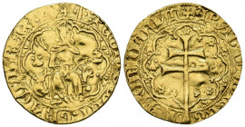 PERE III (1336-1387). Rald d'Or. (Au. 3,73g/23mm). Mallorca. (Cru V.S. 434). Anv: Pere III sentado de frente en trono adornado con cabezas de animales...