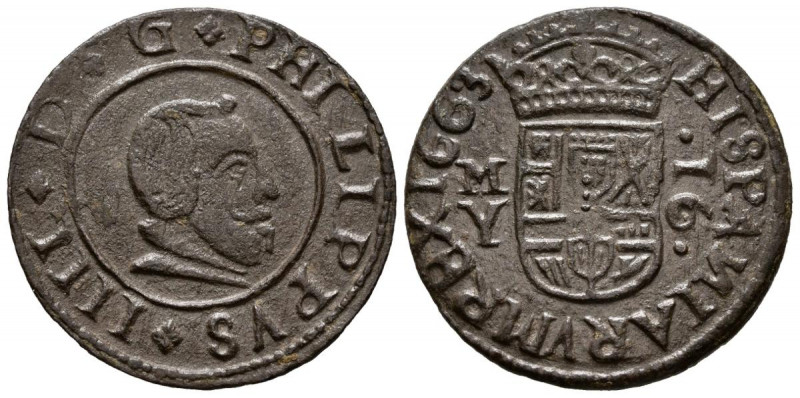 FELIPE IV (1621-1665). 16 Maravedís. (Ae. 3,68g/26mm). 1663. Madrid Y. (Cal-2019...