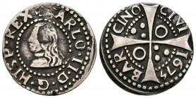 CARLOS II (1665-1700). 1 Croat (Ar. 2,42g/21mm). 1675. Barcelona. (Cal-2019-199). Leyenda CARLO. D. MBC/MBC+.