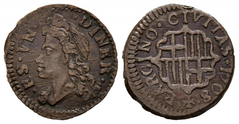 CARLOS III PRETENDIENTE (1701-1714). Diner (Cu 0,88g/14mm). 1708. Barcelona. (Ca...
