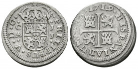 FELIPE V (1700-1746). 1/2 Real. (Ar. 1,37g/16mm). 1719. Madrid JJ. (Cal-2019-105). Leyenda: PHILIPPUS. MBC.