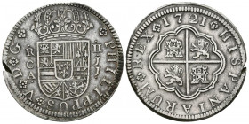 Felipe V (1700-1746). 2 reales (Ar. 6,16g/28mm). 1721. Cuenca JJ. (Cal-2019-671). MBC+. Fallo de acuñación en canto.