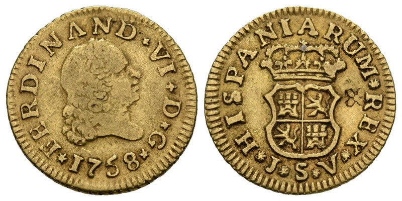 FERNANDO VI (1746-1759). 1/2 Escudo. (Au. 1,73g/15mm). 1758. Sevilla JV. (Cal-20...