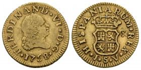 FERNANDO VI (1746-1759). 1/2 Escudo. (Au. 1,73g/15mm). 1758. Sevilla JV. (Cal-2019-586). Contramarca de flor en reverso. MBC-.