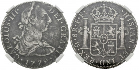 CARLOS III (1759-1788). 8 Reales (Ar. 27,00g/38mm)*. 1779. México FF. (Cal-2019-1118). MBC. Procedente de El Cazador. Encapsulada por NGC. *Peso y med...