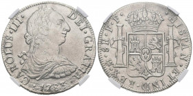 CARLOS III (1759-1788). 8 Reales (Ar. 27,00g/38mm)*. 1783. México FF. (Cal-2019-1124). EBC-. Procedente de El Cazador. Encapsulada por NGC. *Peso y me...