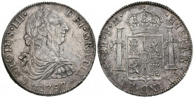 CARLOS III (1759-1788). 8 Reales (Ar. 26,94g/38mm). 1787. México FM. (Cal-2019-1131). EBC-. Rayitas en anverso y plata agria. Preciosa pátina irisada....