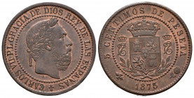 CARLOS VII, el Pretendiente (1868-1905). 5 Céntimos de Peseta. (Ae. 5,06g/25mm). 1875. Bruselas. (Cal-2019-2). EBC. Restos de brillo original.