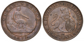 GOBIERNO PROVISIONAL (1868-1871). 5 Céntimos (Ae. 5,08g/25mm). 1870. Barcelona OM. (Cal-2019-5). EBC.