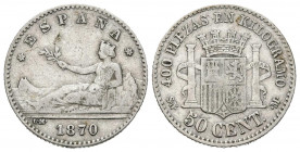 GOBIERNO PROVISIONAL (1868-1871). 50 Céntimos (Ar. 2,44g/18mm). 1870. *7-0. Madrid SNM. (Cal-2019-15). BC+. Escasa.