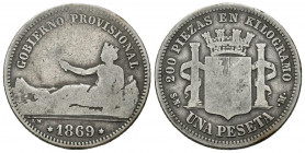 GOBIERNO PROVISIONAL (1868-1871). 1 Peseta. (Ar. 4,69g/23mm). 1869. Madrid SNM. (Cal-2019-16). BC.
