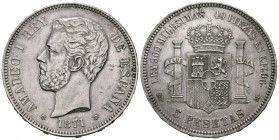 AMADEO I (1871-1873). 5 Pesetas. (Ar. 24,91g/37mm). 1871 *18-71. Madrid SDM. (Cal-2019-1). EBC-. Preciosa pátina.