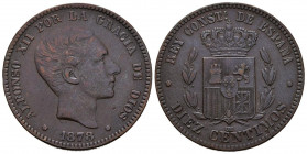 ALFONSO XII (1874-1885). 10 Céntimos (Ae. 10,04g/30mm). 1878. Barcelona OM. (Cal-2019-9). MBC+. Bonita pátina.