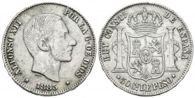 ALFONSO XII (1874-1885). 50 Centavos (Ar. 12,95g/30mm). 1885. Manila. (Cal-2019-124). MBC/MBC+.