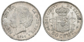 ALFONSO XIII (1885-1931). 50 Céntimos (Ar. 2,51g/18mm). 1894 *9-4. Madrid PGV. (Cal-2019-43). EBC. Brillo original.
