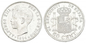 ALFONSO XIII (1885-1931). 50 Céntimos. (Ar. 2,50g/18mm). 1896 *9-6. Madrid PGV. (Cal-2019-44). Variante oreja rayada. EBC-. Limpiada. Escasa.