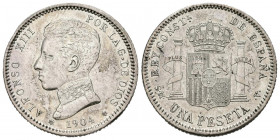 ALFONSO XIII (1885-1931). 1 peseta. (Ar. 4.96g / 23mm). 1904 * 19-04. Madrid SMV. (Cal-2019-68). EBC/EBC+ Ligero golpe en el canto.