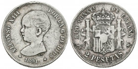 ALFONSO XIII (1885-1931). 2 Pesetas (Ar. 9,92g/27mm). 1891 *18-91. Madrid PGM. (Cal-2019-84). BC+/BC. Estrellas no visibles. Escasa.