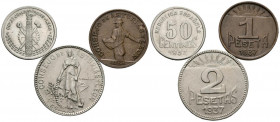 CONSEJO DE ASTURIAS Y LEON. Conjunto de tres valores acuñados por este Consejo: 50 Céntimos, 1 y 2 Pesetas. 1937. (Cal-2019-8/10). EBC.