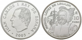 JUAN CARLOS I (1975-2014). 10 Euros. (Ar. 27,00g/40mm). 2003. FNMT. 500 Aniversario del nacimiento de Miguel López Legazpi. PROOF. Presentada en estuc...