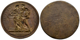 CARLOS III (1759-1788). Delicias de las Artes. (Ae. 158,33g/64mm). 1764. Prueba unifaz del hueco de reverso. Dos figuras femeninas simbolizando la pin...