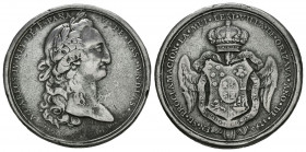 CARLOS IV (1788-1808). Proclamación en Orizaba, México. (Ar. 24,34g/40mm). 1790. (Vives 153 variación de metal). Anv: Busto laureado de Carlos IV a de...