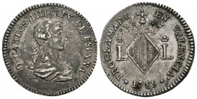 CARLOS IV (1788-1808). Proclamación en Valencia. (Ar.3,63g/23mm). 1789. Módulo de 2 Reales. (Vives 698; RAH 396). Anv: Busto drapead de Carlos IV, alr...