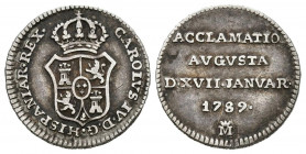 CARLOS IV (1788-1808). Proclamación en Madrid (Ar. 1,59g/15mm). 1789. Madrid. (Ha-65). MBC+. Bonito tono.