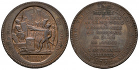 I REPUBLICA. Pacto Fedarativo. Moneda de Confianza con valor de 5 Sueldos. (Ae. 27,79g/40mm). 1792. Birmingham. Grabador: Dupre F. La escena del anver...