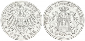 ALEMANIA. 5 Mark (Ar. 27,52g/38mm). 1894. Hamburgo J. Imperio Alemán. (Km#293). MBC. Limpiada.