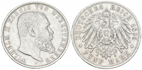 ALEMANIA. 5 Mark (Ar. 27,62g/38mm). 1895. Stuttgart F. Imperio Alemán. (Km#632). MBC. Limpiada.