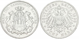 ALEMANIA. 5 Mark (Ar. 27,62g/38mm). 1900. Hamburgo J. Imperio Alemán. (Km#293). MBC. Limpiada.