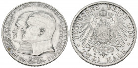 ALEMANIA. 2 Mark (Ar. 11,10g/28mm). 1904. Hesse-Darmstadt. Imperio Alemán. 400 Aniversario del nacimiento de Felipe el Magnánimo. (Km#372). MBC+.
