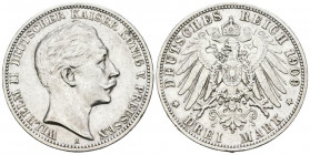 ALEMANIA. 3 Mark (Ar. 16,62g/33mm). 1909. Berlín A. Imperio Alemán. Guillermo II. (Km#527). MBC. Limpiada