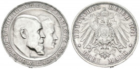 ALEMANIA. 3 Mark (Ar. 16,65g/33mm). 1911. Stuttgart F. Imperio Alemán. 25 Aniversario Boda de Guillermo II de Wurtemberg y Carlota de Schaumburg-Lippe...