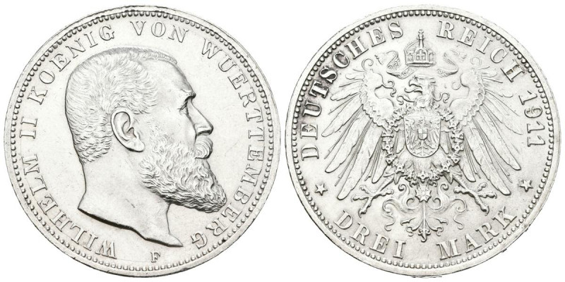 ALEMANIA. 3 Mark (Ar. 16,69g/33mm). 1911. Stuttgart F. Imperio Alemán. (Km#635)....