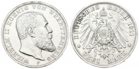 ALEMANIA. 3 Mark (Ar. 16,69g/33mm). 1911. Stuttgart F. Imperio Alemán. (Km#635). EBC. Precioso ejemplar.