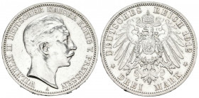 ALEMANIA. 3 Mark (Ar. 16,64g/33mm). 1912. Berlín A. Imperio Alemán. Guillermo II. (Km#527). MBC+. Limpiada
