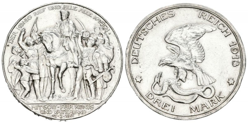 ALEMANIA. 3 Mark (Ar. 16,67g/33mm). 1913. Berlín A. Imperio Alemán. 100 Aniversa...