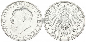 ALEMANIA. 3 Mark (Ar. 16,63g/33mm). 1914. Munich D. Imperio Alemán. Luis III. (Km#1008). MBC+. Limpiada