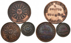 ARGENTINA. Interesante conjunto de 3 monedas de cobre de 1, 2 y 4 Centavos de 1854 (Confederación Argentina). Birmingham. (Km#23-25). Diferentes estad...