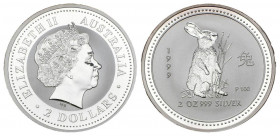 AUSTRALIA. 2 Dollars (Ar. 63,03g/49mm). 1999. Año del Conejo. (Km#503). PROOF. En cápsula original.