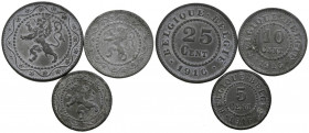 BÉLGICA. Conjunto de 3 monedas acuñadas durante la ocupación alemana de Bélgica en la I Guerra Mundial. Valores de 5, 10 y 25 Centimes en zinc. 1916. ...