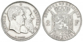 BELGICA. 2 Francs (Ar. 9,95g/27mm). 1880. Leopoldo II. 50 Aniversario de la Independencia. Leyenda en francés. (Km#39). MBC+.