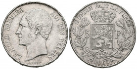 BÉLGICA. 5 Francos (Ar. 24,91g/37mm). 1865. Leopoldo I. (Km#17). MBC.