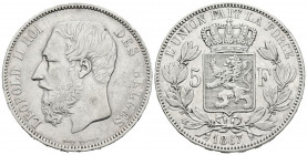 BÉLGICA. 5 Francos (Ar. 24.83g /37mm). 1867. Leopoldo II. (Km# 24). MBC+.