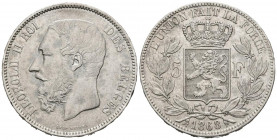 BÉLGICA. 5 Francos (Ar. 24.85g /37mm). 1868. Leopoldo II. (Km# 24). MBC+.